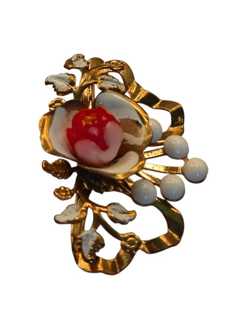 Vintage Gold-Tone Floral Brooch Enamel Details Milk Glass Accents